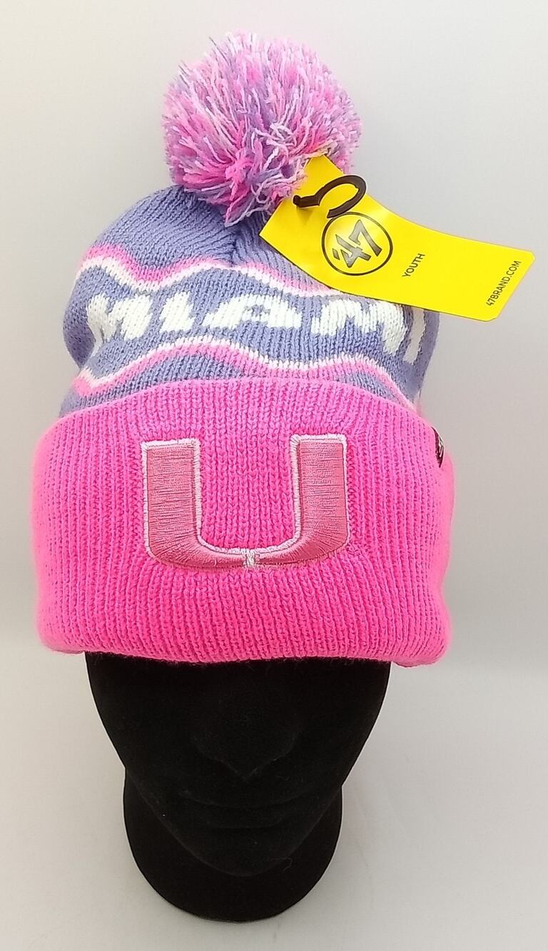 Miami Hurricanes '47 Brand Squiggle Script Pink Pom Winter Hat Youth